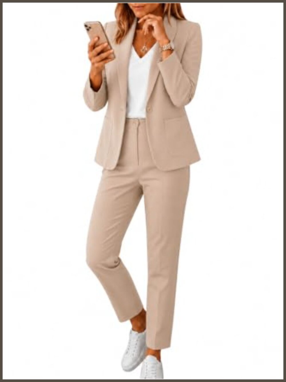 Women's Stretchy Blazer and Straight Leg Pants Suit Set Business Work Outfit